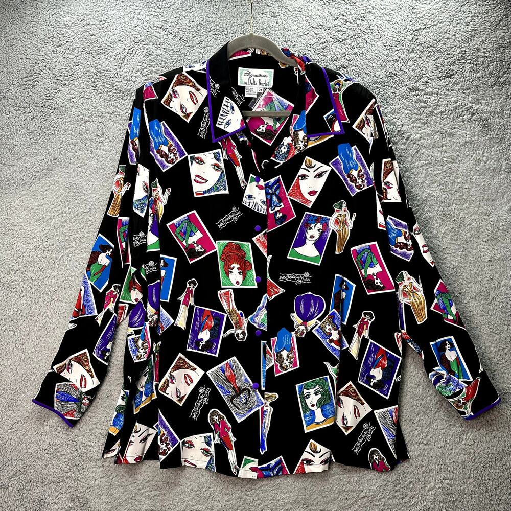 VTG Signatures by Delta Burke NWT‎ 2X 100% Silk Button Up Blouse Painted Ladies